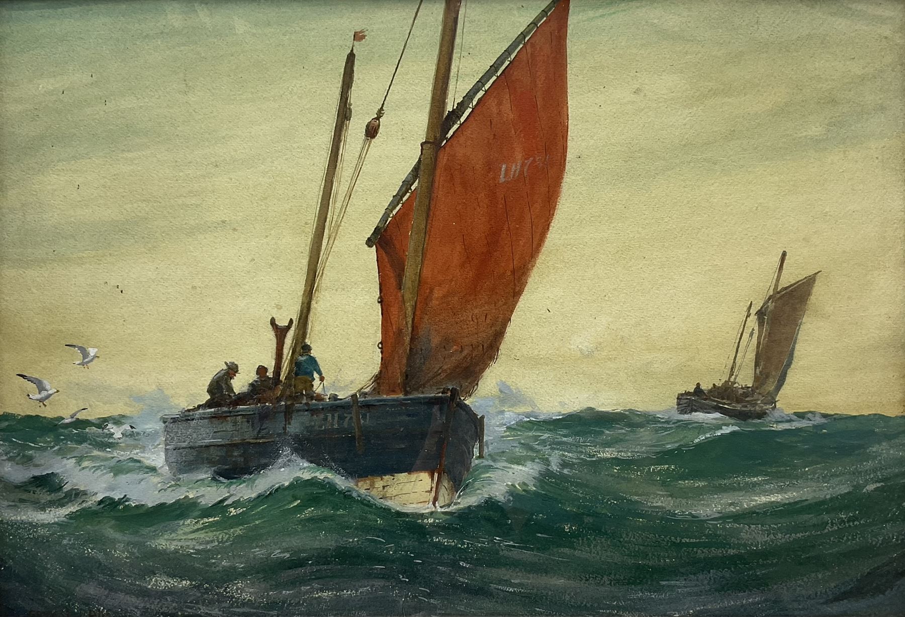 Ernest Dade (Staithes Group 1868-1934): Lowestoft Herring Boats followed by Gulls, gouache signed 43cm x 63cm 
Provenance: by direct descent through the artist's family, never previously been on the market.