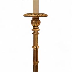 Italian design giltwood pricket stick standard lamp with shade, turned and fluted column on circular acanthus leaf carved base