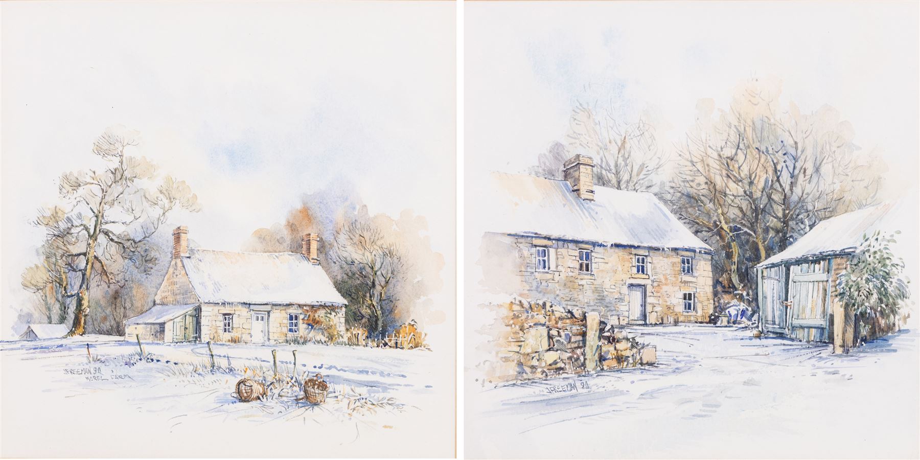 John Freeman (British 1942-): 'Morel Farm' and Farm in Winter, pair watercolours signed and dated '90, one titled, 23cm x 23cm (2)