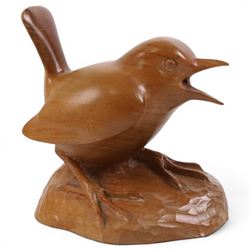 20th century walnut carvings, the first modeled as a wren, the second an otter, H  Two Yorkshire style walnut carvings, of a wren and otter, otter H10cm