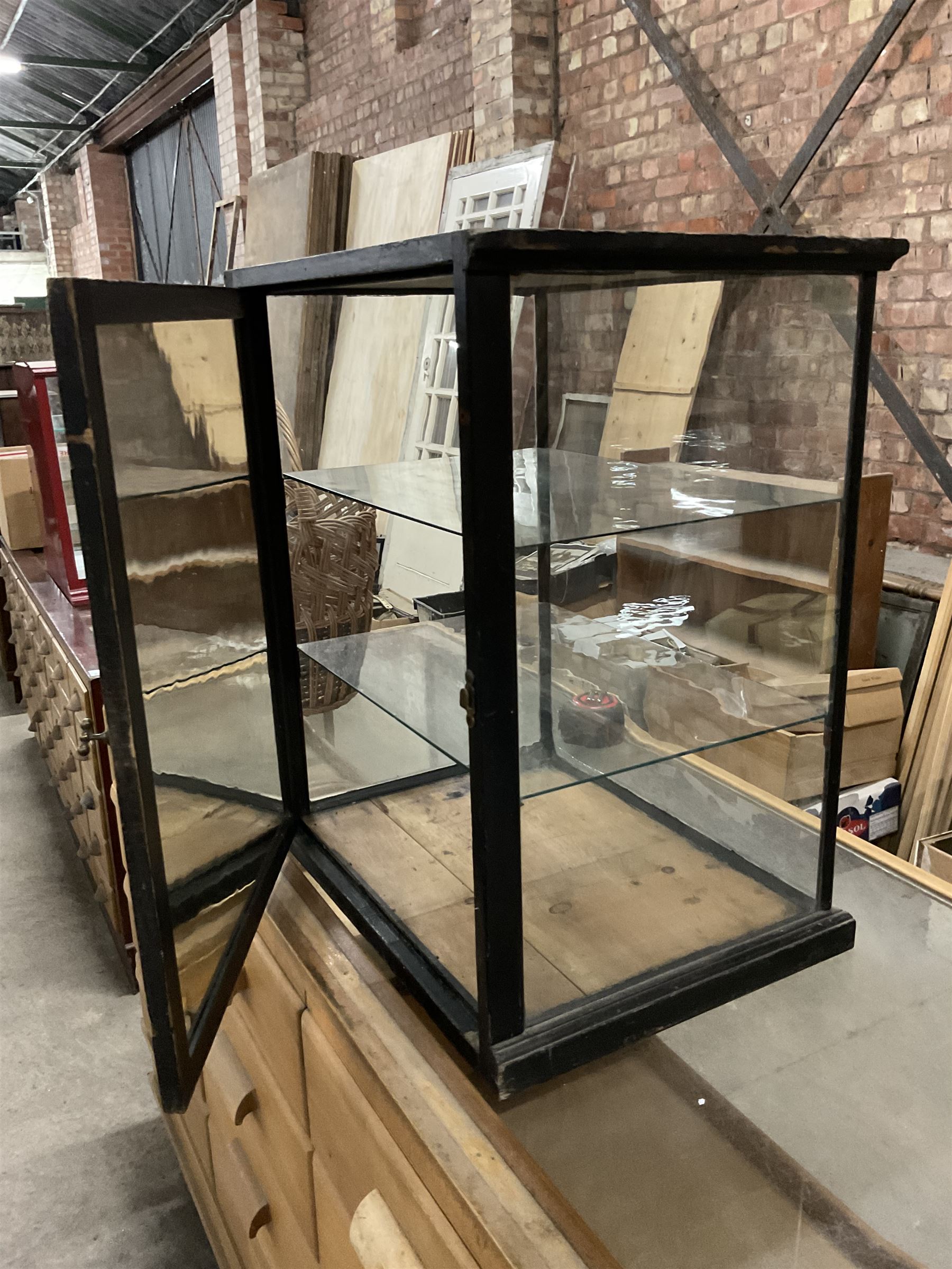 J S Fry & Sons - Victorian glazed and ebonised chocolate countertop display cabinet, fitted with single mirror back door to the rear enclosing two glass shelves, engraved gilt typeface to base - THIS LOT IS TO BE COLLECTED BY APPOINTMENT FROM THE OLD BUFFER DEPOT, MELBOURNE PLACE, SOWERBY, THIRSK, YO7 1QY