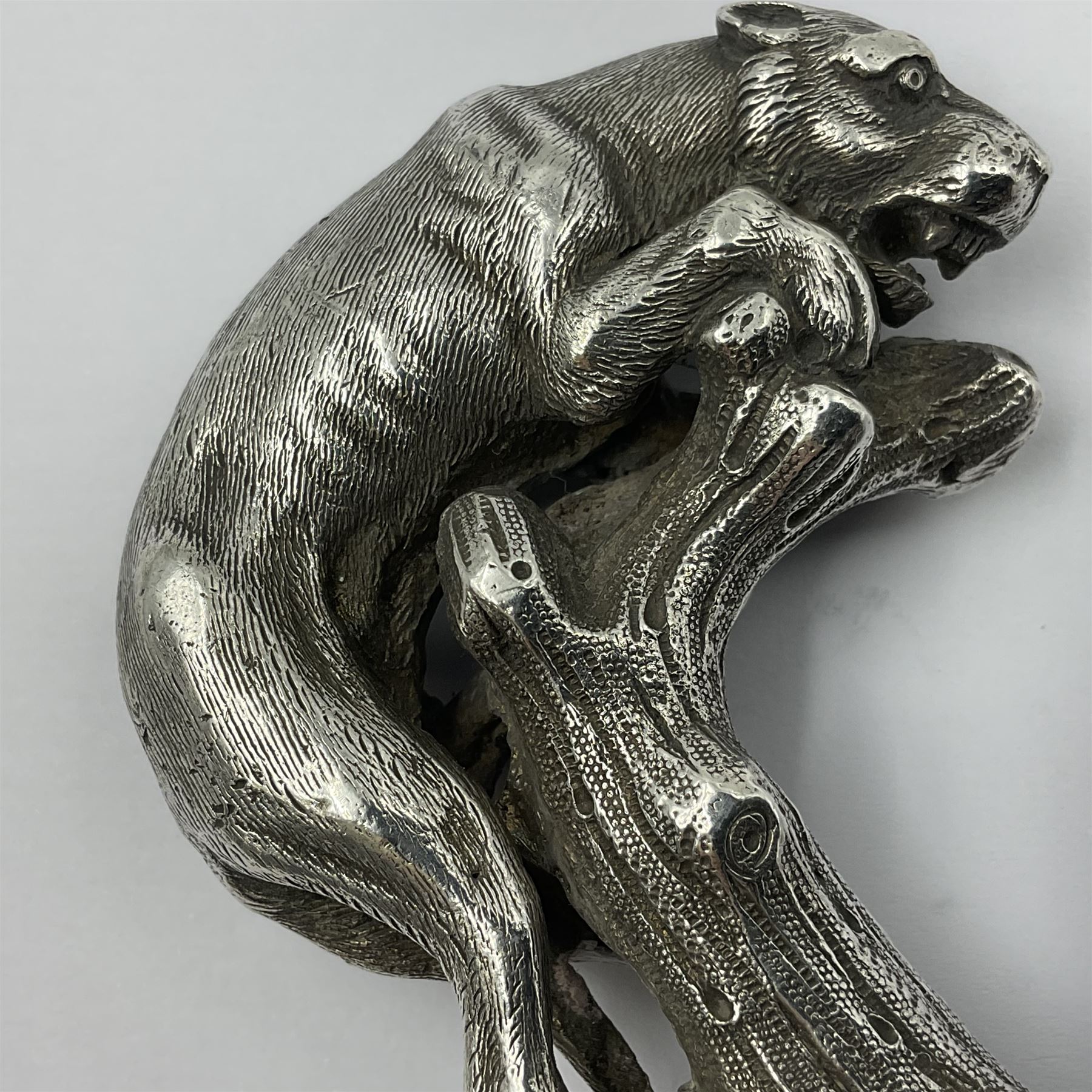 Victorian silver walking cane handle, modelled as a panther upon a tree branch, hallmarked London 1851, maker's mark worn and indistict