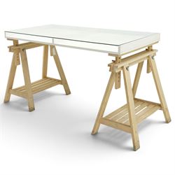 IKEA - Vika Gruvan trestle table, glass and white top raised on beech adjustable supports