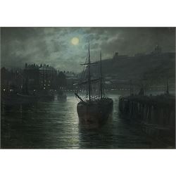Walter Linsley Meegan (British c1860-1944): Dock End Whitby Harbour by Moonlight, oil on canvas signed 24cm x 34cm