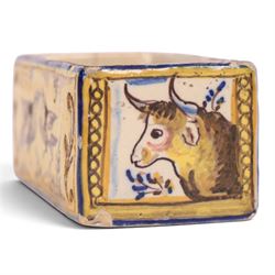 19th century Spanish faience pot of rectangular form with polychrome tin glaze decorated depicting birds and rabbits upon a yellow ground, H6cm, L12cm