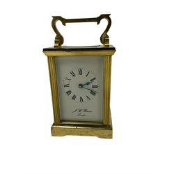 A  20th century analgise cased carriage clock with four bevelled glass panels and a rectangular glass to the top, with a white enamel dial with Roman numerals, minute markers and steel spade hands, dial inscribed 'J W Benson, London' eight-day movement with a jewelled lever platform escapement, balance with timing screws.


