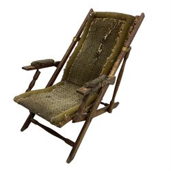 19th century oak campaign steamer or garden chair, folding staggered mechanism with brass fittings, upholstered seat, back and arms