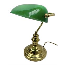 Brass bankers style table lamp with green glass shade, H36cm