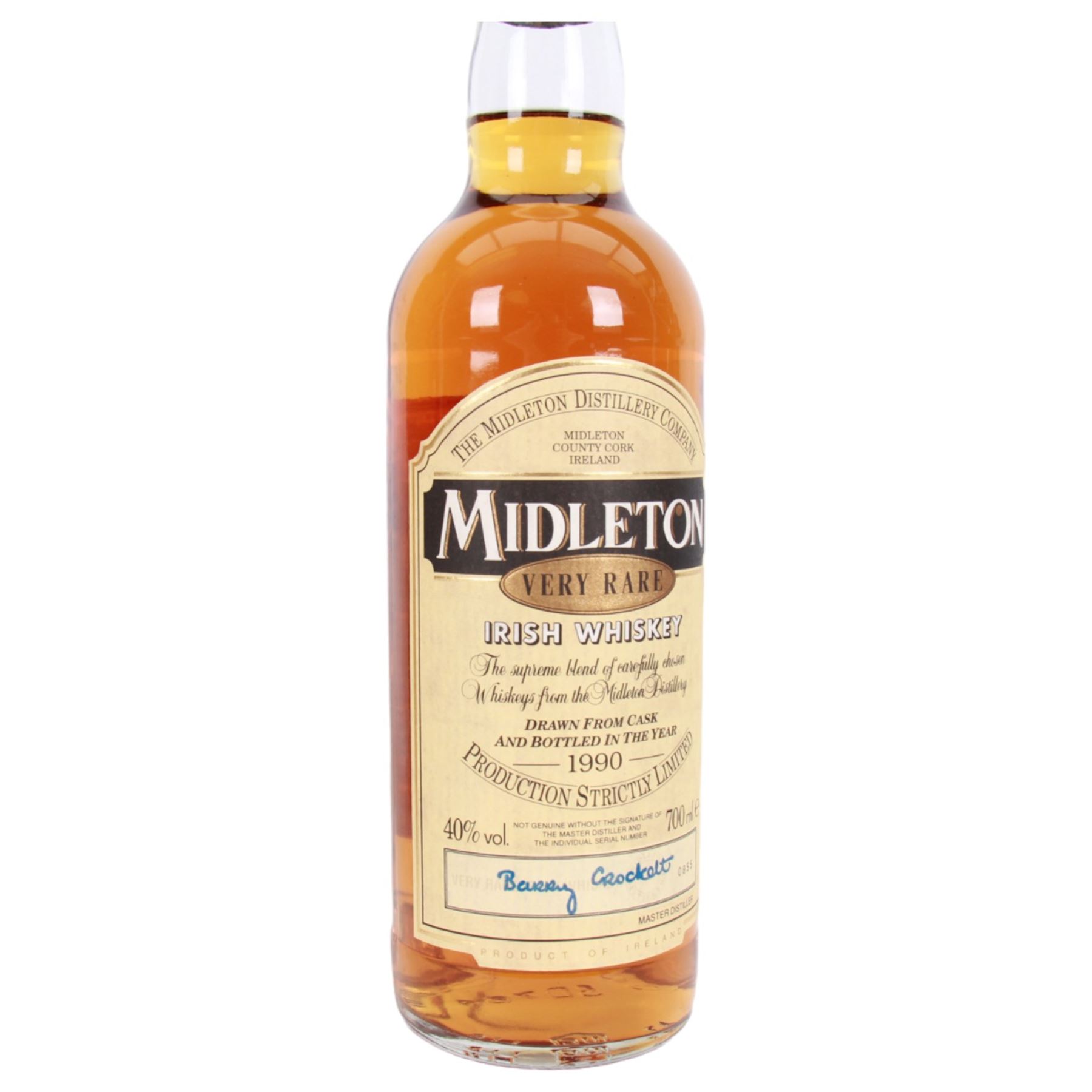 Midleton, 1990, very rare Irish whiskey, No 855, signed Barry Crockett, with certificate and invitation to visit the distillery, 700ml, 40%, in original presentation box