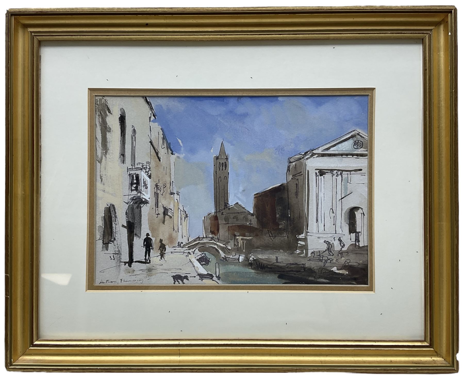 Anthony Flemming (British 1936-): Venice, pair pen and watercolours signed 17cm x 24.5cm (2)
Notes: born in London he studied at Goldsmiths College School of Art where he was awarded a First Class Honours Degree. On leaving Art School he went to Spain, his return to England was prompted by a request from John Cooper to design a racing car. Other design commissions followed from Brabham, Mclaren, Puma and Piper. He is a member of The Wapping Group of Artists having had a number of commissions from companies such as Shipowners Insurance Company, Shell, National Westminster Bank, B.P. and the Woolwich Building Society