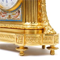 Charpentier & Cie-French 8-day mantle clock c 1860, in an ormolu case with Sevres style plaques, fluted pedestal case decorated with acanthus leaves and floral swags, surmounted by a putto and raised on toupie feet, convex enamel dial with Roman numerals, minute track and five-minute Arabic's, with makers name and Louis XVI style gilt hands, Parisian twin train movement with rack striking, sounding the hours and half-hours on a bell. With pendulum and key.
Charpentier & Cie, operated in Paris from around 1830 to 1860. They are especially well-known for their clock and garniture sets, as well as for their works of bronze. With pendulum and key.

