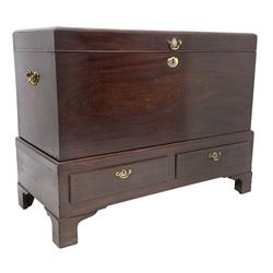 George II mahogany silver chest, the chest enclosed by moulded hinged lid on base fitted with two drawers, bracket feet, brass handles and escutcheon