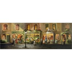 Deborah Jones (British 1921-2012): The Flower Shop, oil on board signed 29cm x 75cm 