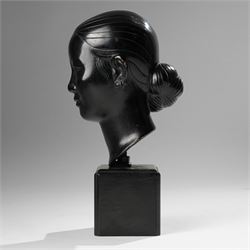 Manner of Nguyen Thanh Le (Vietnamese 1919-2006): Head of a Woman, bronze bust with indistinct character signature to neck, on ebonised base, H27cm 