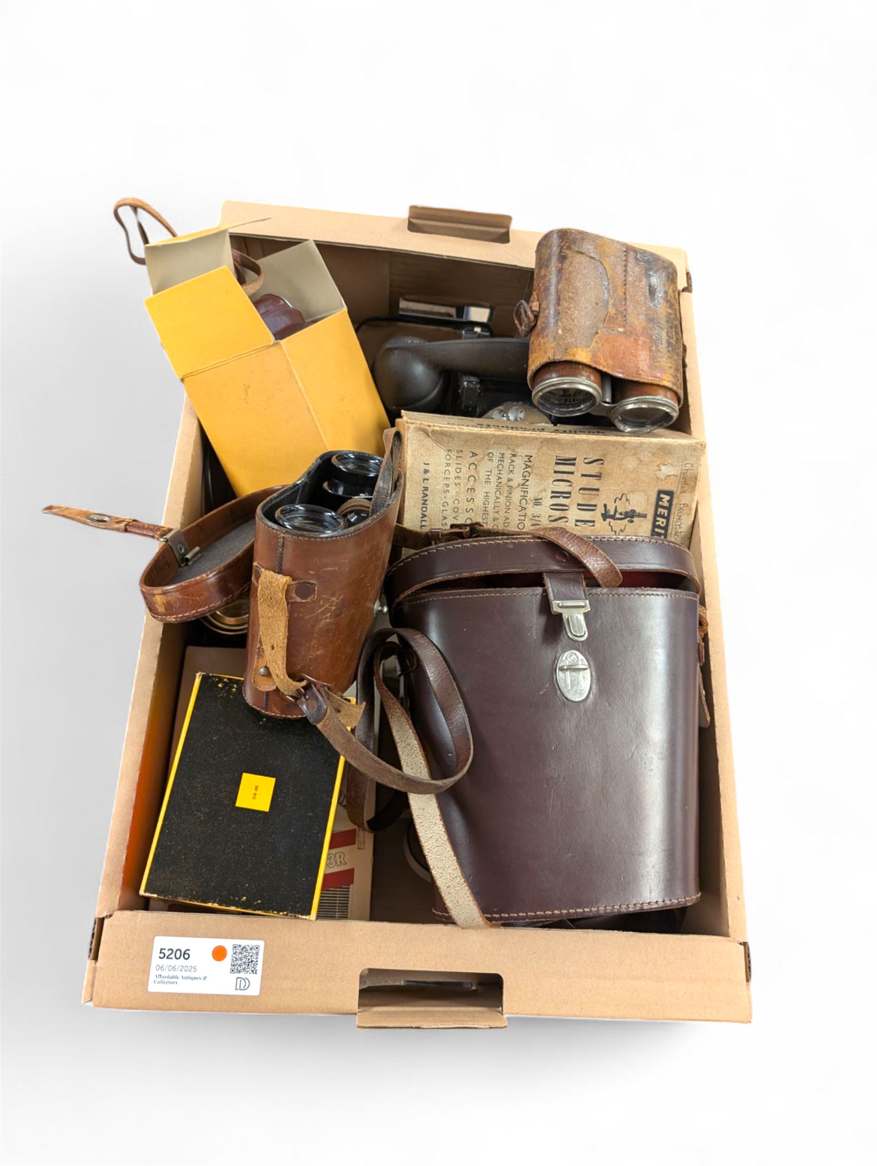 Collection of cameras and binoculars, including Kodak Retinette IB, Carl Zeiss Silvarem binoculars, student microscope, etc
