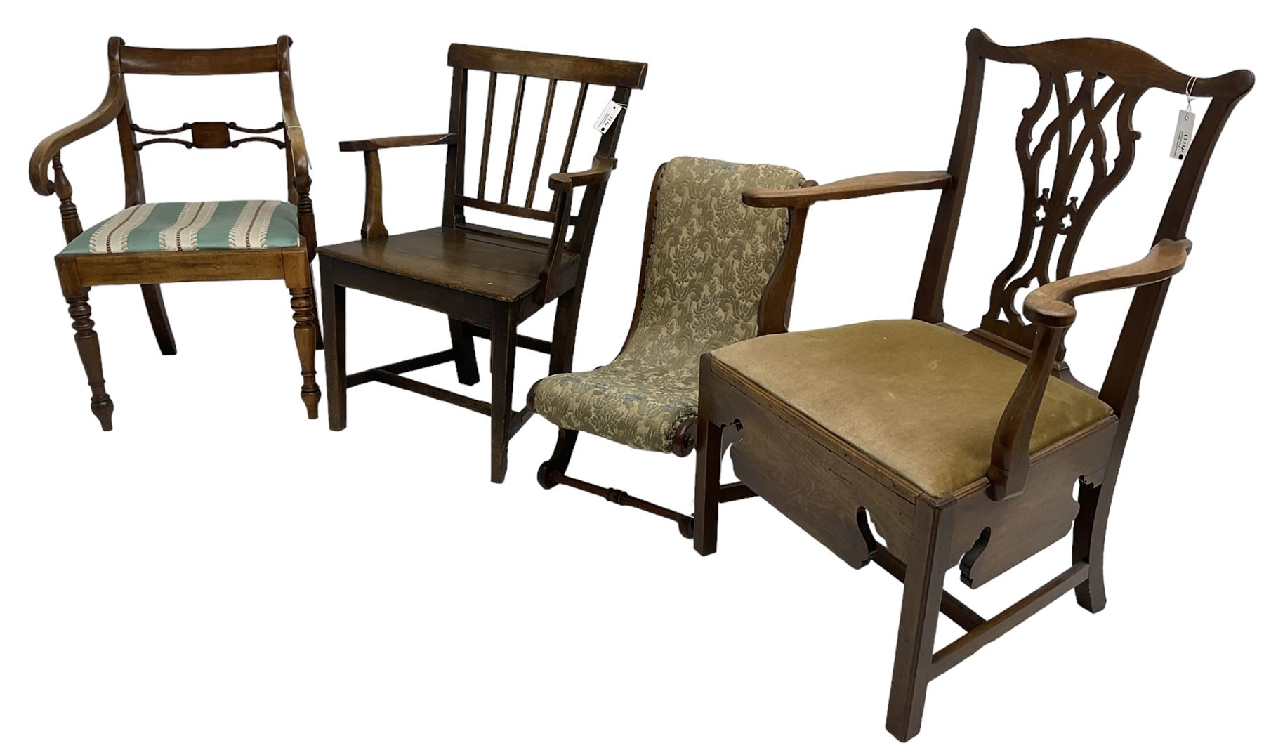 George III walnut elbow chair, bar back over upholstered drop-in seat, scrolled down sweeping arms, on turned front supports (W59cm, H84cm); George III mahogany commode elbow chair, shaped cresting rail over pierced Gothic splat, hinged seat revealing commode, on moulded square supports united by H-shaped stretchers; 19th century country elm elbow chair, rectangular bar back over vertical moulded rails,  plank seat, on square tapering supports united by H-shaped stretchers; Victorian mahogany child's chair, S-scroll form upholstered in foliate pattern fabric (4)