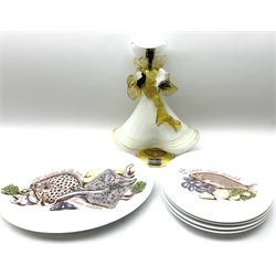 Italian glass figure modelled as a dancer, with label Venetian Glass Company, together with Limoges platter and four plates with printed decoration depicting fish, in one box 