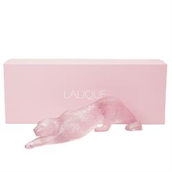 Lalique frosted and clear pink glass model 'Zeila Panther' designed by Marie-Claude Lalique signed 'Lalique France' L34cm with guarantee etc in original Lalique pink box
