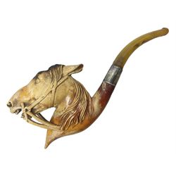 Silver mounted carved meerschaum pipe in the form of a horse, with silver collar hallmarked Ben Wade, Chester 1907, in original leather case 
