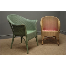  Lloyd loom armchair, green finish, wicker back and seat and a Sirrum Loom gold and red wicker armchair  