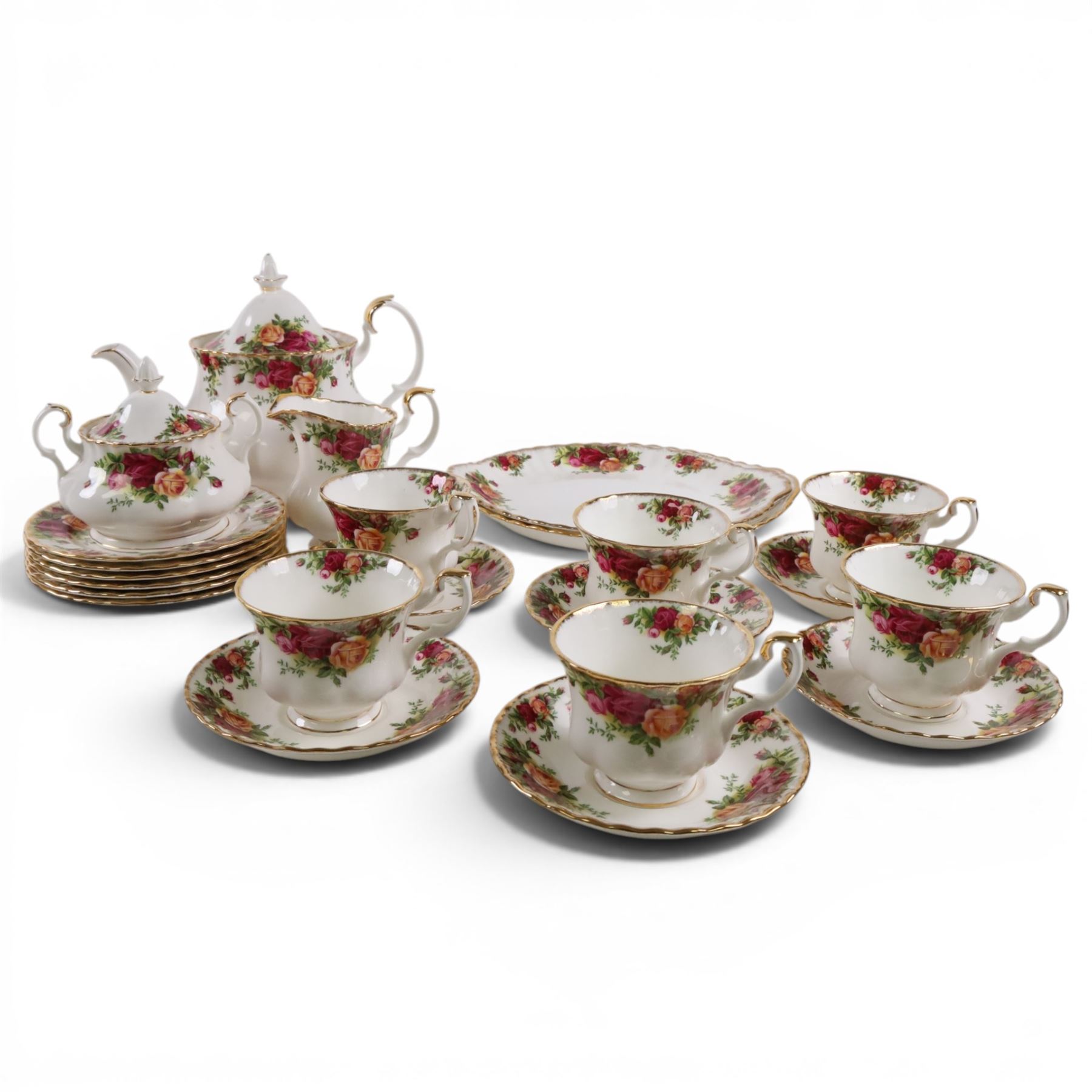 Royal Albert Country Rose tea service for six, comprising teapot, milk jug, covered sucrier, dessert plates, two sandwich plates, cups and saucers 