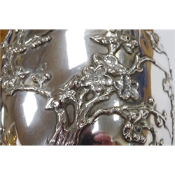  Chinese export silver goblet with applied prunus bird and butterfly decoration by Cumshing stamped HK 85, engraved ' Teething Handicap Kongmoon 1914 Ist Prize Olaf Edward Olsen', 16.6cm 6.2oz  