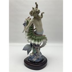 Lladro figure, Beneath the Waves, modelled as a mermaid and seahorse upon a wooden plinth, no 1822, limited edition 1389/2500, with certificate and original box, H32cm 