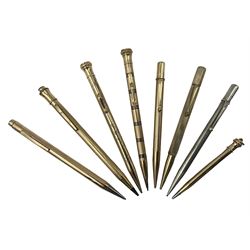 Five gold filled Wahl Eversharp propelling pencils, together with a silver propelling pencil, hallmarked London 1946, J.M.Co Johnson, Matthey & Co, and two further gold filled propelling pencils, one with box, largest L13cm (8)