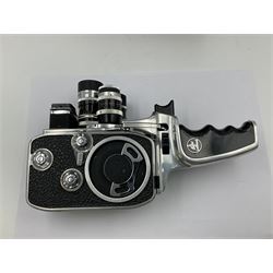 Paillard Bolex D8L STD 8mm cine camera body, serial no. 831223, with 'Paillard Switar 1:1.8 f=36mm AR' lens, serial no. 769123, Paillard Yvar 1:1.8 f=13mm AR' lens, serial no. 782154 and Paillard Pizard 1:1.9 f=5.5mm AR' lens, serial no. 717045, in leather carry case