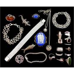 9ct gold Wedgewood brooch, silver jewellery including fancy link bracelets, marcasite lizard brooch, stone set rings, amber brooch and a 14ct gold garnet ring