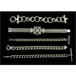 Five silver bracelets including two curb link bracelets with T-bar and clips, all hallmarked or stamped