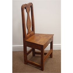  Set four country style elm dining chairs, shaped cresting rails above a vase shaped splat and solid seats    