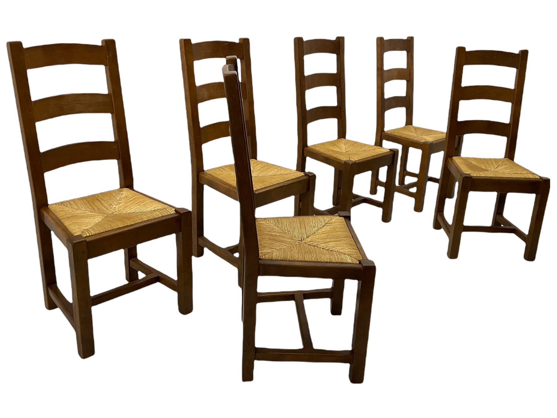 Antix French oak dining table with two leaves, two frieze drawers;, and six ladder back chairs with rush seats
