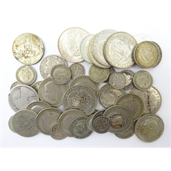  Collection of Great British and World silver coins including Queen Victoria 'gothic' florin, King George V florins, various sixpence and threepence pieces, Seychelles 1939 one rupee, four Netherlands 2 1/2 Gulden etc, total weight of all the coins approximately 300 grams  