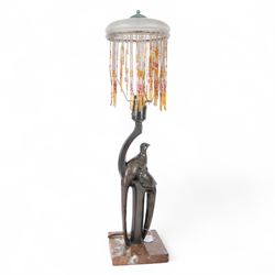 Bronze Art Deco lampshade, modelled as two pheasants upon a marble base, with a glass lamp...