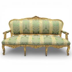 20th century French Louis XV style giltwood salon sofa, with shaped and moulded serpentine...