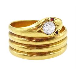 Victorian 18ct gold coiled snake ring, the head set with a single stone diamond and stone set eyes, makers mark EB, London 1886, diamond approx 0.35 carat