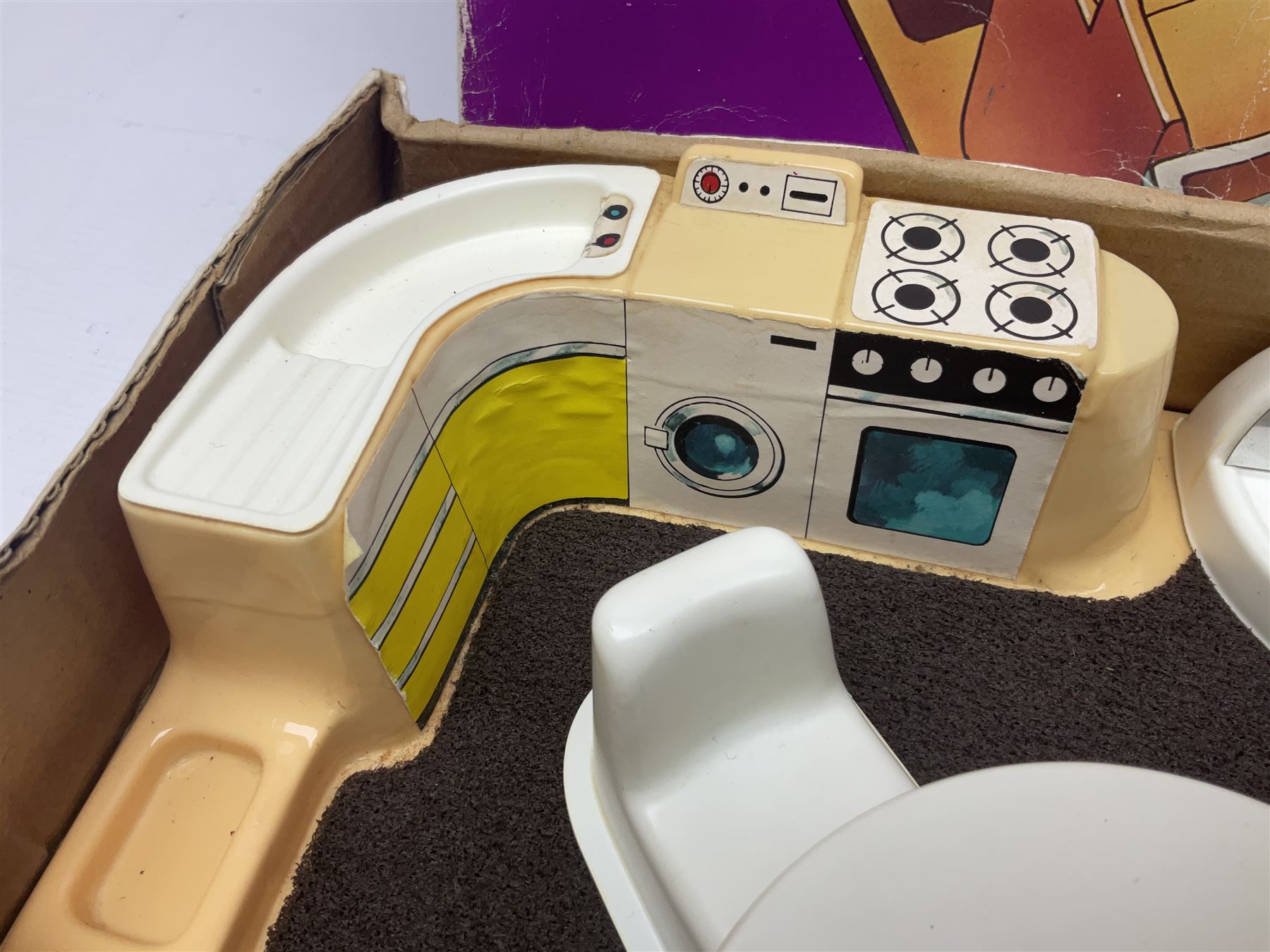 Palitoy Pippa's Apartment with split-level lounge-kitchen, bedroom and bathroom and two dolls: boxed