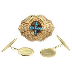 Victorian 9ct gold turquoise cross mourning brooch and a pair of 9ct gold oval cufflinks, hallmarked