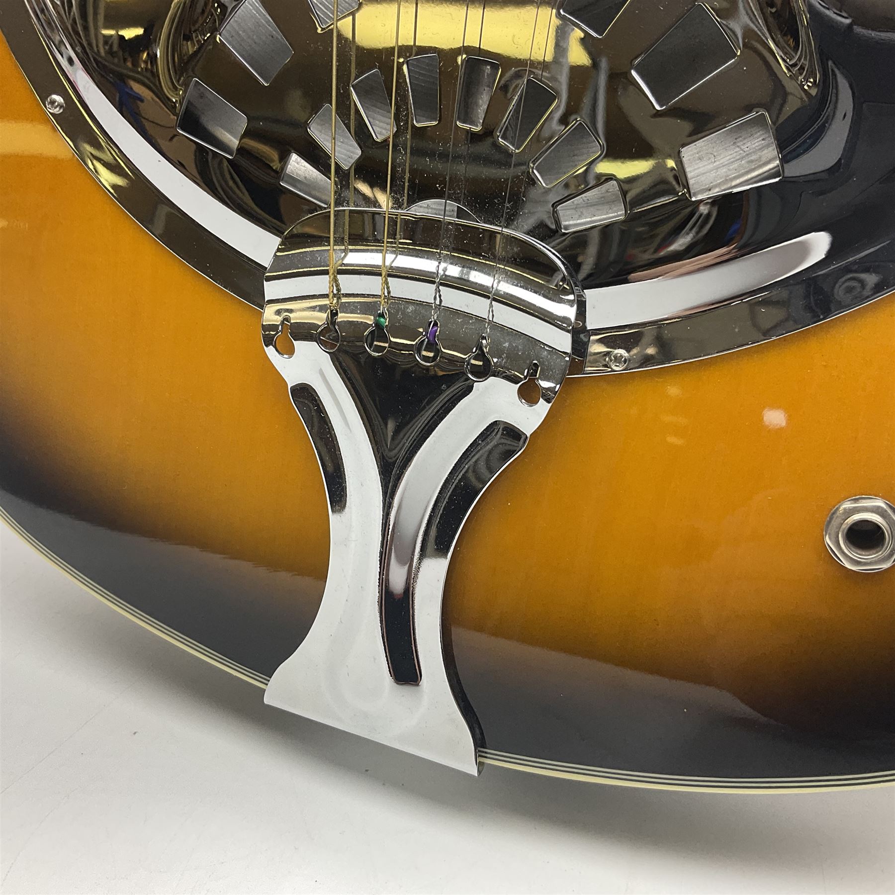 Eastwood of Canada Delta 4 electric four-string tenor resonator guitar with tobacco sunburst finish, serial no.1703437 L100cm; in original soft carrying case