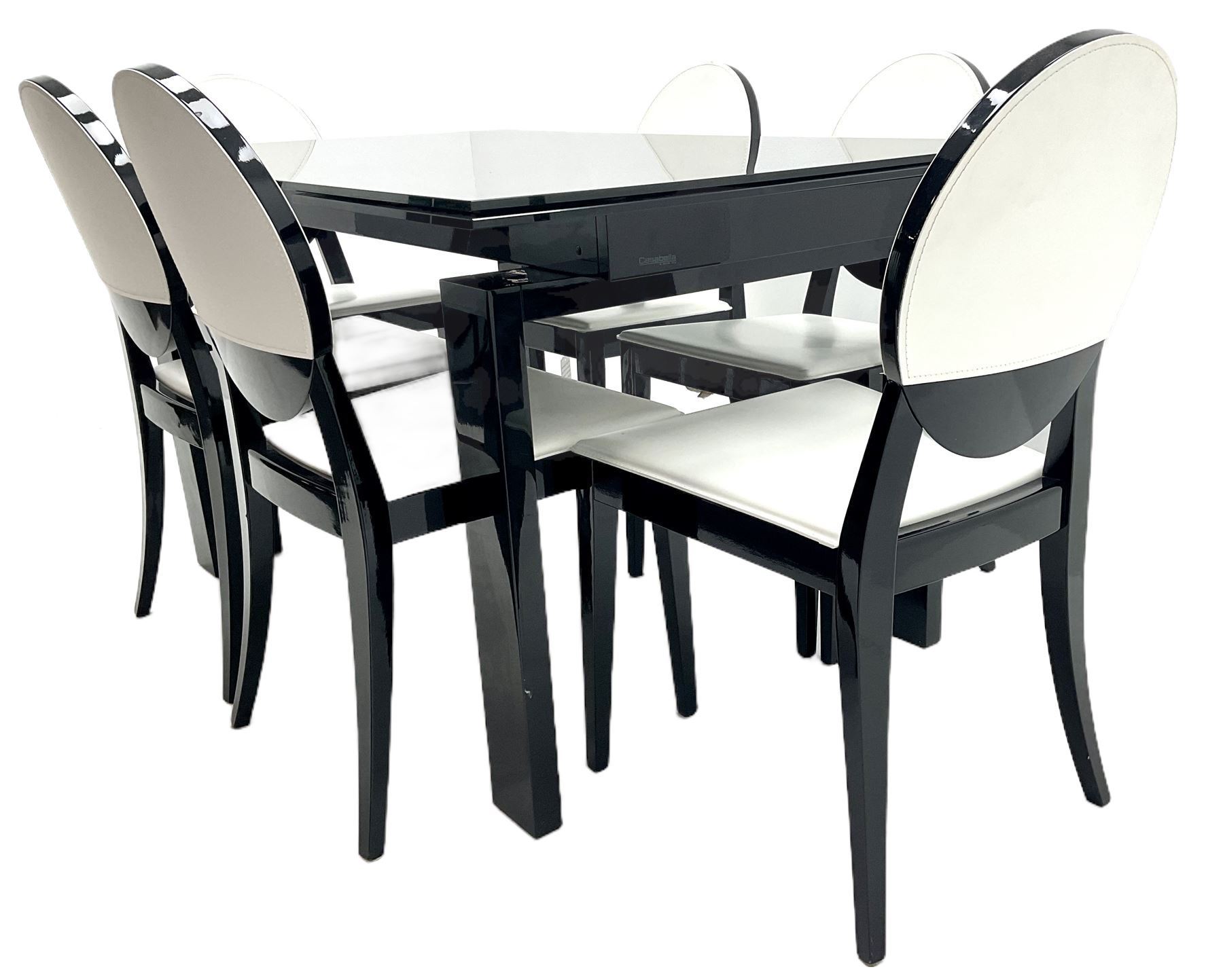 Casabella Dolce Vita black gloss and glass extending dining table, rectangular, and set six chairs black and white dining chairs