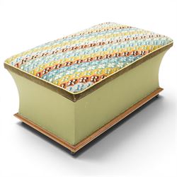 Victorian Ottoman with tapestry cover, with multicoloured geometric needlepoint cover, hinged to reveal a pink paper lined interior, the base covered in green velour fabric, raised on later castors