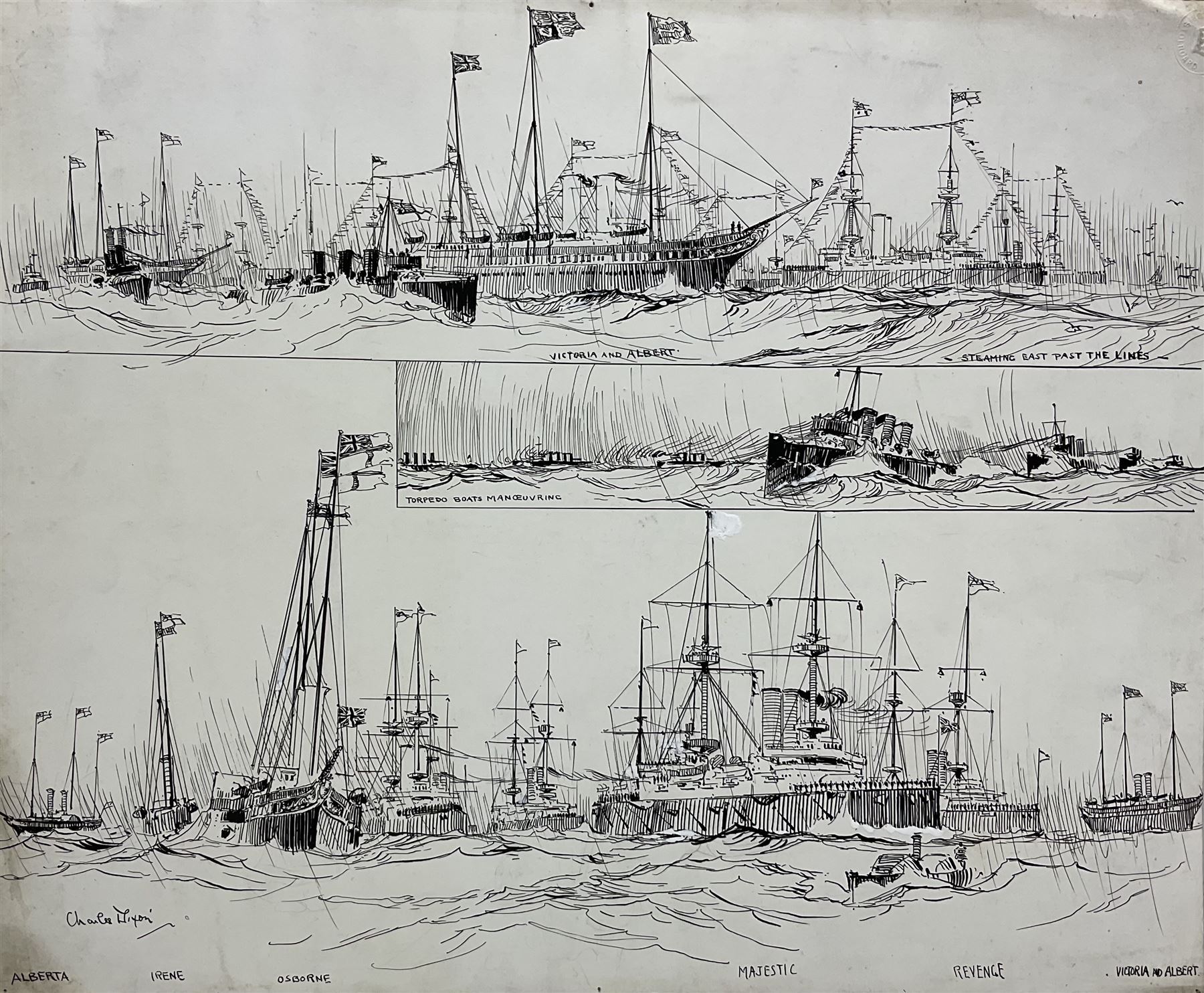 Charles Edward Dixon (British 1872-1934): Shipping studies, pen and ink on card with 'Reynold's Bristolboard' blindstamp signed and titled 32cm x 39cm; 'The Procession entering Portsmouth Harbour', pen and ink on paper signed with monogram, dated Nov 4/01 verso 20cm x 32cm (unframed) (2)