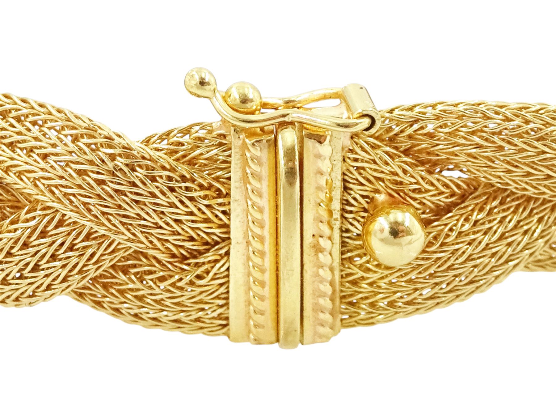 18ct gold plaited mess and bead design bracelet, stamped 750
