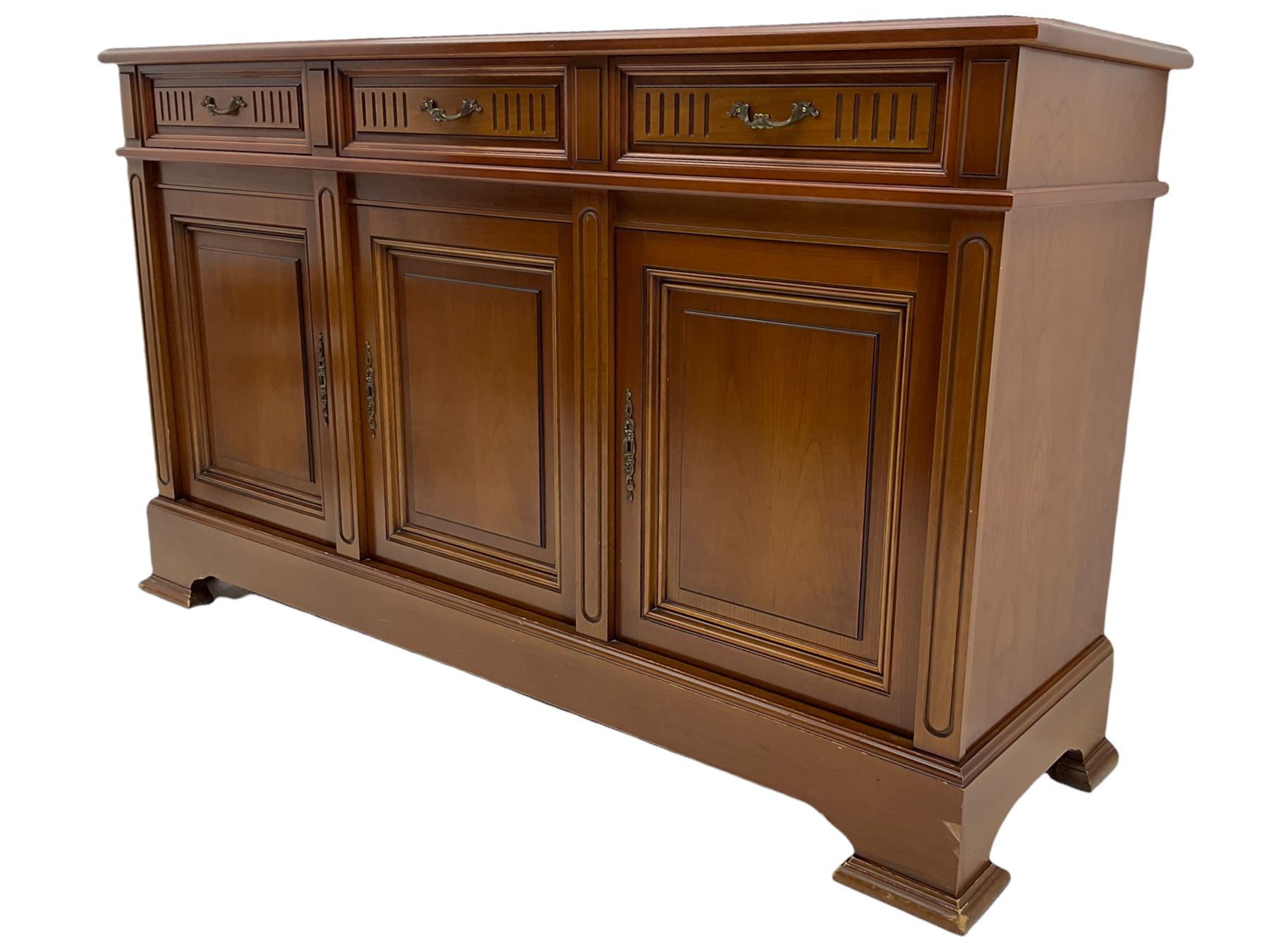 Contemporary cherry wood sideboard, rectangular moulded top over three drawers and three cupboards