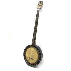 Early 20th century five-string banjo with ebonised frame and walnut neck, the headstock with engraved nickel plated mounts, impressed No.44A, L91cm