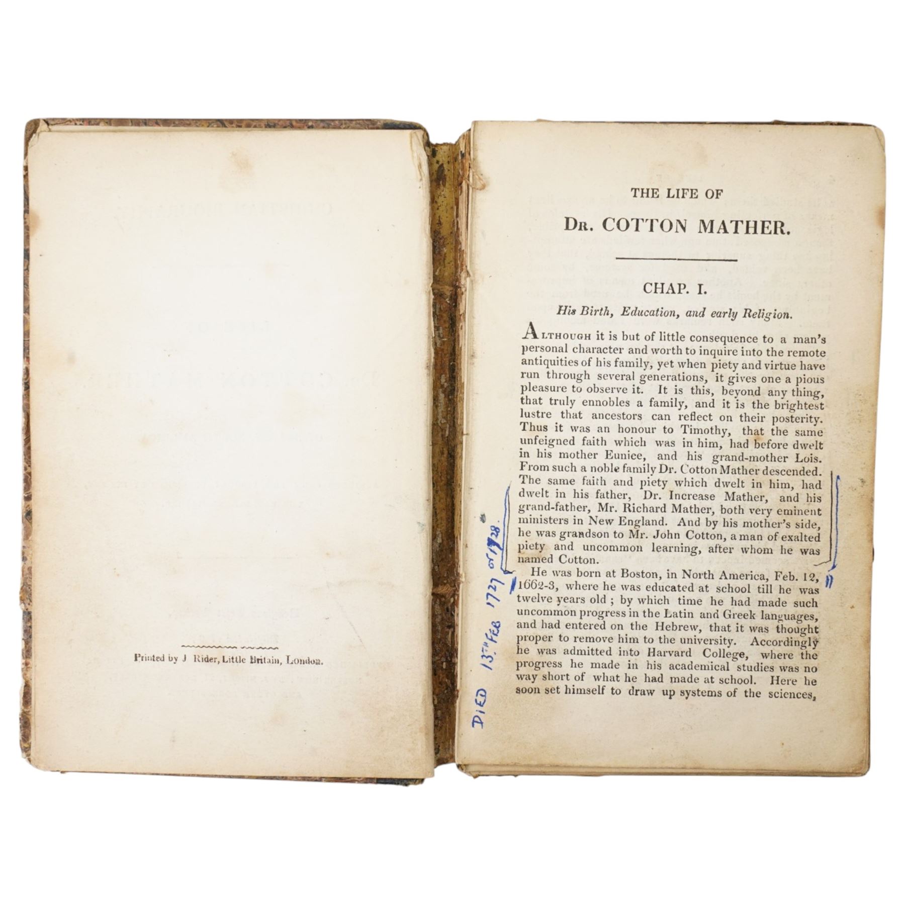 The Mather Family Archive - An extensive collection dating from 1690 to the 19th century of family indentures including Wills, Leases, Conveyances, Abstracts of Title etc .together with two 19th century photograph albums, ambrotypes, autograph and scrap books, ledgers etc and wall shields with the Mather crest, family tree etc.
The Mather family of Lancashire has a lineage of considerable historic interest on both sides of the Atlantic.  The family trace back to Richard Mather (1596-1669) a prominent Puritan minister who emigrated to New England in 1635. His descendants in America include his son, Increase Mather (1639-1732), president of Harvard College and his grandson Cotton Mather (1663-1728) who was an influential theologian and writer of early American history