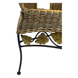 Late 20th century three-piece garden suite, wicker construction and wrought iron frame, decorated with cast metal leaf motifs, cream seat cushions and round back cushions