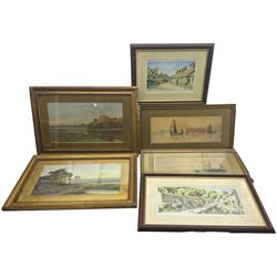 English School (Early 20th century): Sailing Scenes, pair watercolours signed with initials; John Rudkin (British 1947-): 'Wentworth' and 'Castleton', pair limited edition prints signed in pencil, together with two early 20th century landscape chromolithographs (6) 