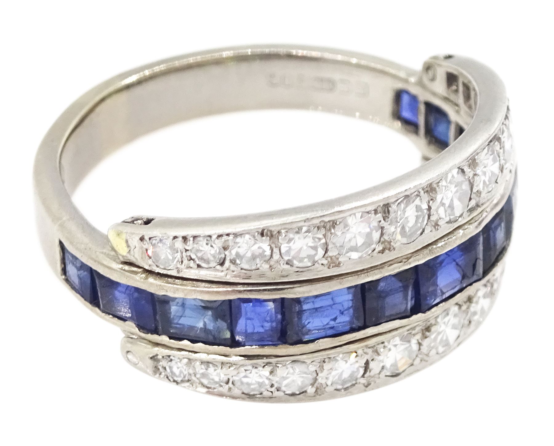 18ct white gold three row calibre cut sapphire and single cut diamond ring, hallmarked, total diamond weight approx 0.65 carat